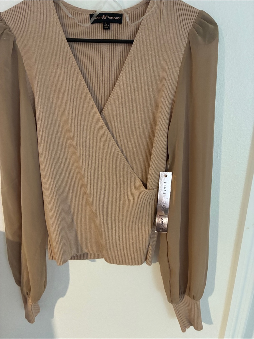 Almost Famous Tan Ribbed Wrap Top with Sheer Long Sleeves